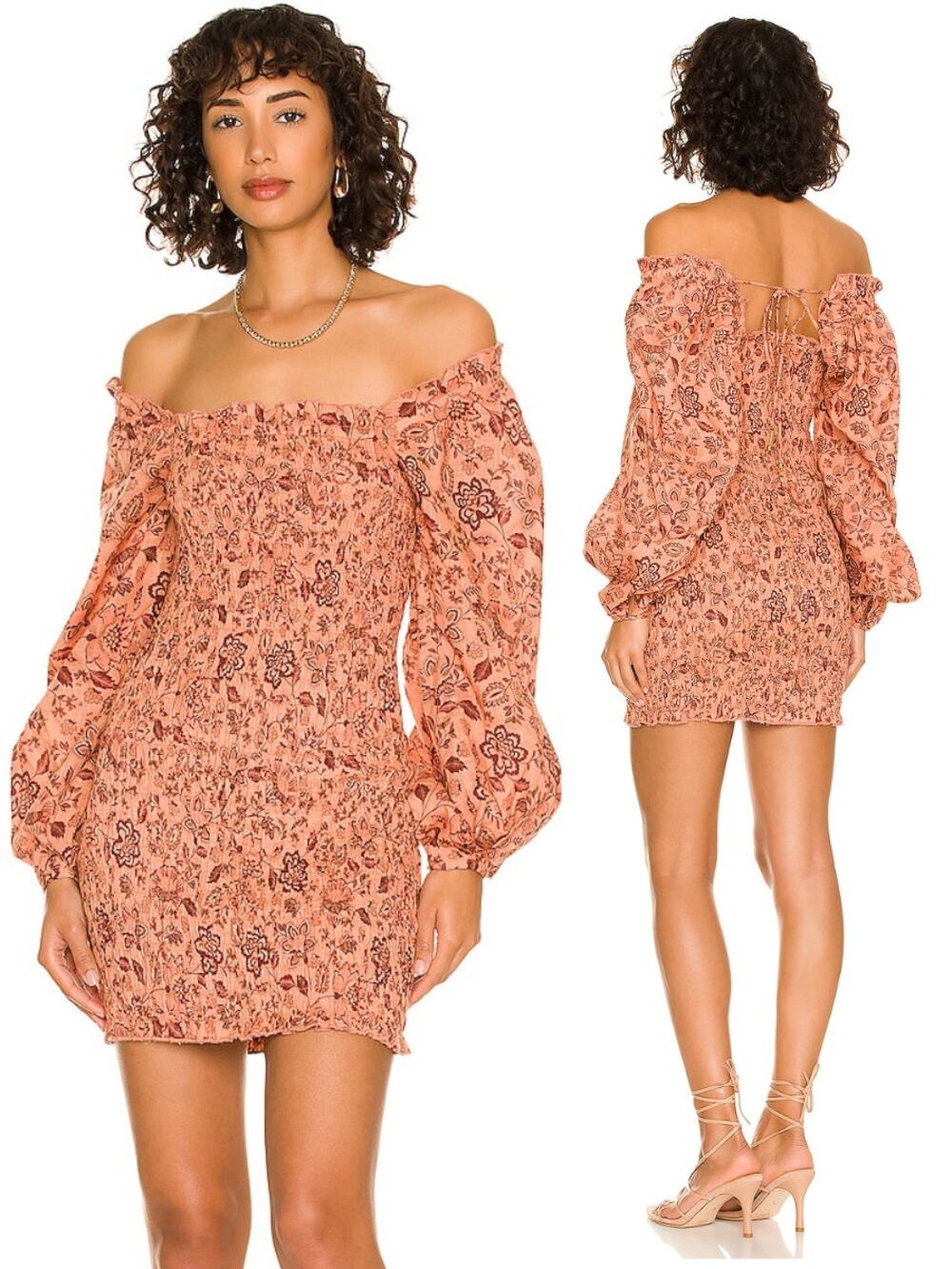 FREE PEOPLE Smock It To Me Mini Dress Size Medium Apricot Combo
